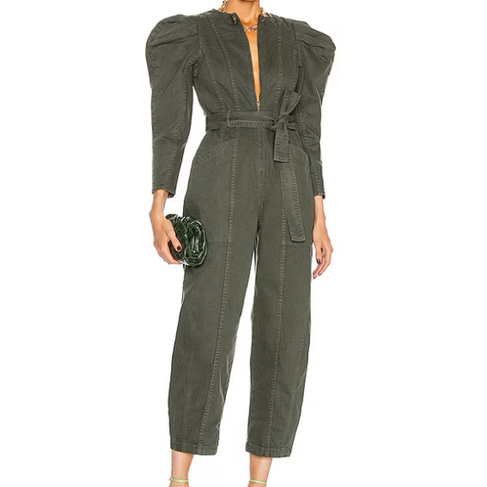 Ulla Johnson Dark Green Jumpsuit with Puff Sleeves